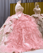 Pink Gold Embroidered Ruffled Ball Gown Quinceañera Dress