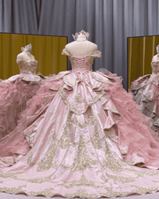 Pink Gold Embroidered Ruffled Ball Gown Quinceañera Dress