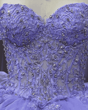 Lavender off-shoulder beaded lace ball gown quinceañera dress with detachable sheer sleeves