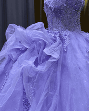 Lavender off-shoulder beaded lace ball gown quinceañera dress with detachable sheer sleeves
