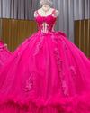Hot pink corset bodice 3D floral ball gown quinceañera dress with sheer illusion panel and ruffle hem