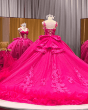 Hot pink corset bodice 3D floral ball gown quinceañera dress with sheer illusion panel and ruffle hem