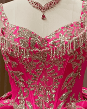Hot Pink Gold Sequin Applique Ball Gown Quinceañera Dress