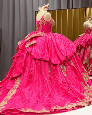 Hot Pink Gold Sequin Applique Ball Gown Quinceañera Dress