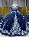 Navy blue off-shoulder floral applique ball gown quinceañera dress with beaded sweetheart bodice