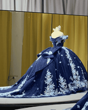 Navy blue off-shoulder floral applique ball gown quinceañera dress with beaded sweetheart bodice