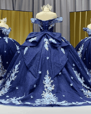 Navy blue off-shoulder floral applique ball gown quinceañera dress with beaded sweetheart bodice