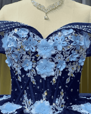 Navy blue off-shoulder floral applique ball gown quinceañera dress with beaded sweetheart bodice