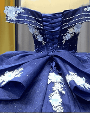 Navy blue off-shoulder floral applique ball gown quinceañera dress with beaded sweetheart bodice