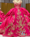 Hot Pink Gold Sequin Applique Ball Gown Quinceañera Dress
