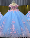 Sky Blue Off-Shoulder Pink Floral Bow Ball Gown Quinceañera Dress