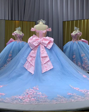 Sky Blue Off-Shoulder Pink Floral Bow Ball Gown Quinceañera Dress