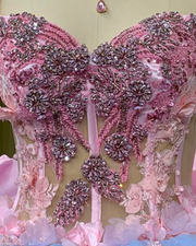 Sky Blue Off-Shoulder Pink Floral Bow Ball Gown Quinceañera Dress