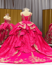 Hot Pink Gold Sequin Applique Ball Gown Quinceañera Dress