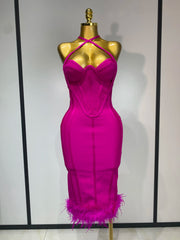 Luxury sleeveless feather backless midi dress with elegant bodycon fit for birthday or evening wear.