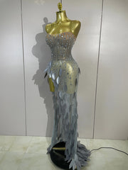 Saniyah silver diamond leaf strapless mesh see-through long dress for evening gala styling