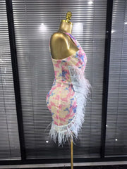 Arabella sequin one-shoulder feather bodycon mini dress with a sparkling finish and glamorous party-ready silhouette