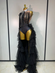 Black sheer performance bodysuit designed for singers, dancers and stage events