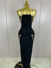 Helaena black chain spaghetti strap V-neck split bandage dress for date night and cocktail party styling