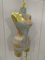 Toni crystal see through stretch mini dress for women. Sparkly party outfit for birthdays, stage wear, and nightlife events.