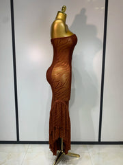 Angela strapless rhinestone cut out bandage dress for women. Sexy luxury bodycon outfit for birthdays, prom, parties, and evening events.
