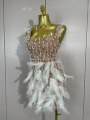 V neck mini bodycon dress with pearl beading and feather detailing