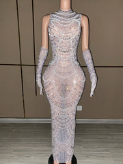Noelle sparkly pearl rhinestone prom dress with gloves elegant mesh gown.