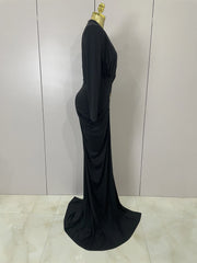 Deep V neck long sleeve bodycon maxi dress in a sleek, elegant style for evening and cocktail events