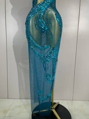 Zuri sleeveless transparent mesh long dress with intricate diamond and sequin patterns for a sparkly luxury evening look.