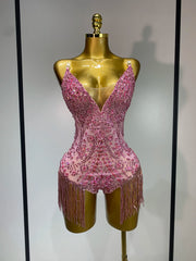 Envious Designs Sharmaine sparkly rhinestone tassel bodysuit sexy birthday dress for birthday and nightclub styling