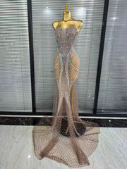 Envious Designs Mandie sexy strapless shining rhinestone mesh see-through floor-length mermaid dress for evening gala styling