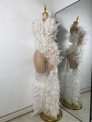 Elora rhinestone mesh feather gown sheer see-through long luxury prom dress.