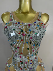 Alice colorful rhinestone mirror mesh mini dress with a sheer bodycon silhouette for a glamorous party look
