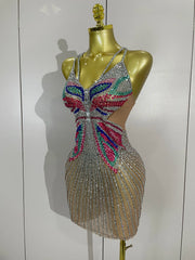 Tiana sparkly butterfly rhinestone V-neck mini dress for women, sexy bodycon evening, prom, and birthday party outfit