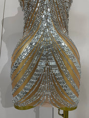 Kimmy silver rhinestone mesh see through mini dress for women. Sexy sparkly outfit for birthdays, nightlife, and stage wear.
