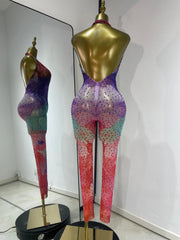 Debra sparkly rhinestone colorful print mesh halter backless jumpsuit for festival and party styling
