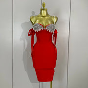 Ivana diamond beaded halter bodycon bandage dress for women’s evening parties, birthdays, or club events.