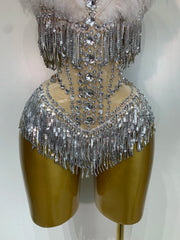 Rhia sparkly rhinestone tassel feather see-through bodysuit for nightclub and stage performance styling