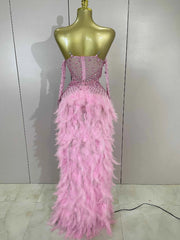 Luxury Sparkly Rhinestones Chain Feathers Bodysuits Long Tail Dress Sexy Mesh Sheer Stage Evening Party Celebrate Birthday Dress