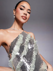 Zaria silver sequin strappy backless gown with ruffle mesh details – elegant party dress.