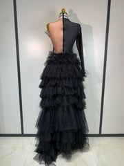 Black sheer performance bodysuit designed for singers, dancers and stage events