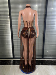 Envious Designs Solana crystal halter sheer mesh sequin tassel dress for birthday and nightclub party styling