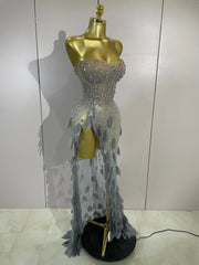 Saniyah silver diamond leaf strapless mesh see-through long dress for evening gala styling