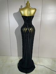 Envious Designs Candice sexy black strapless mesh see-through long dress with luxury sparkly diamonds for evening gala styling