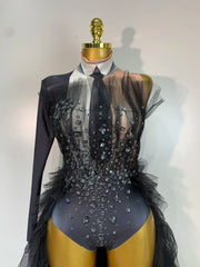 Black sheer performance bodysuit designed for singers, dancers and stage events