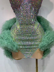 Gwen sexy strapless backless mesh dress with green diamond crystals
