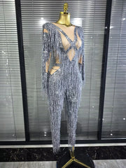 Aleah long sleeve high-stretch fringe bodycon jumpsuit with a figure-hugging silhouette and statement fringe detailing