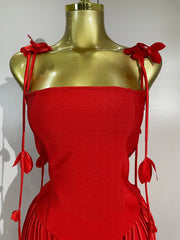 Red strapless long bandage dress with tassel details for women’s party, birthday, and evening wear.