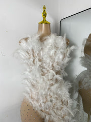 Elora rhinestone mesh feather gown sheer see-through long luxury prom dress.
