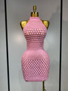 Sparkle in the Jamilla pink sequin backless mini dress. Luxury halter party dress for birthdays, singers, stage shows, and nightlife.